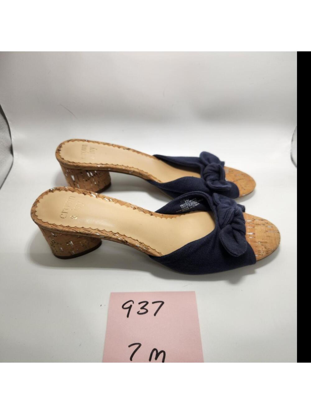 Crown & Ivy Women's Bow Slide Sandals Navy Tan Slip-On 7 M Cotton Upper